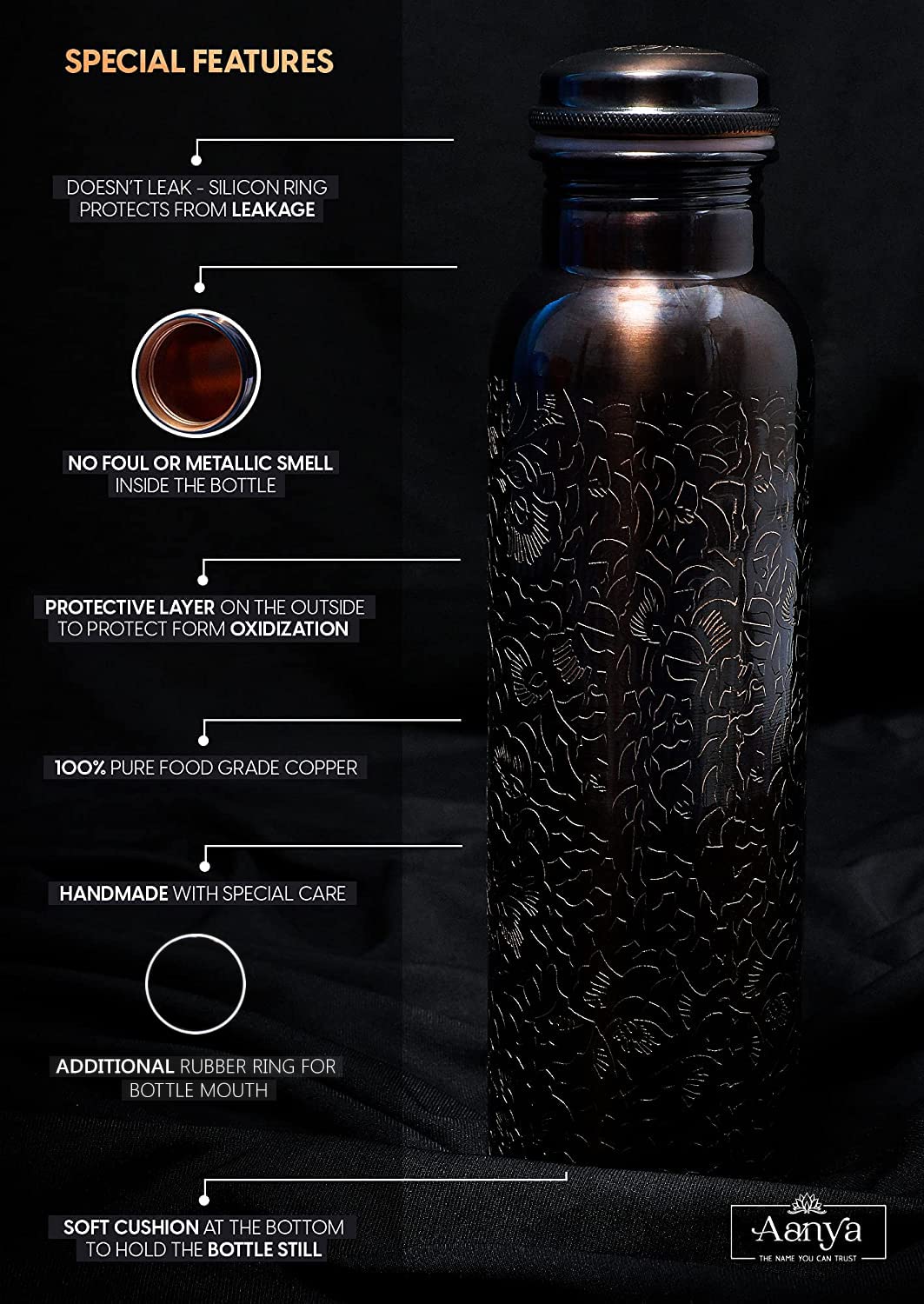Pure Copper Water Bottle - 32 Oz Ayurvedic Copper Vessel with Engraved Design &amp; Smooth Finish - Premium Copper Flask with Leak Proof Design &amp; Silicone Ring Cap (Black &amp; Brown Shade)
