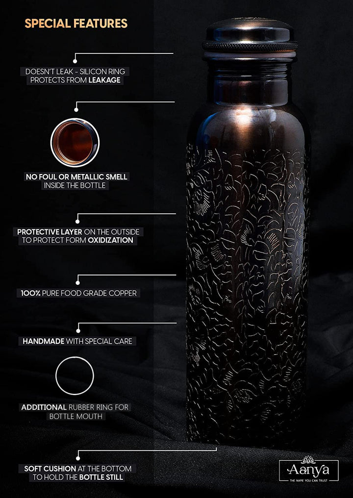 Pure Copper Water Bottle - 32 Oz Ayurvedic Copper Vessel with Engraved Design &amp; Smooth Finish - Premium Copper Flask with Leak Proof Design &amp; Silicone Ring Cap (Black &amp; Brown Shade)