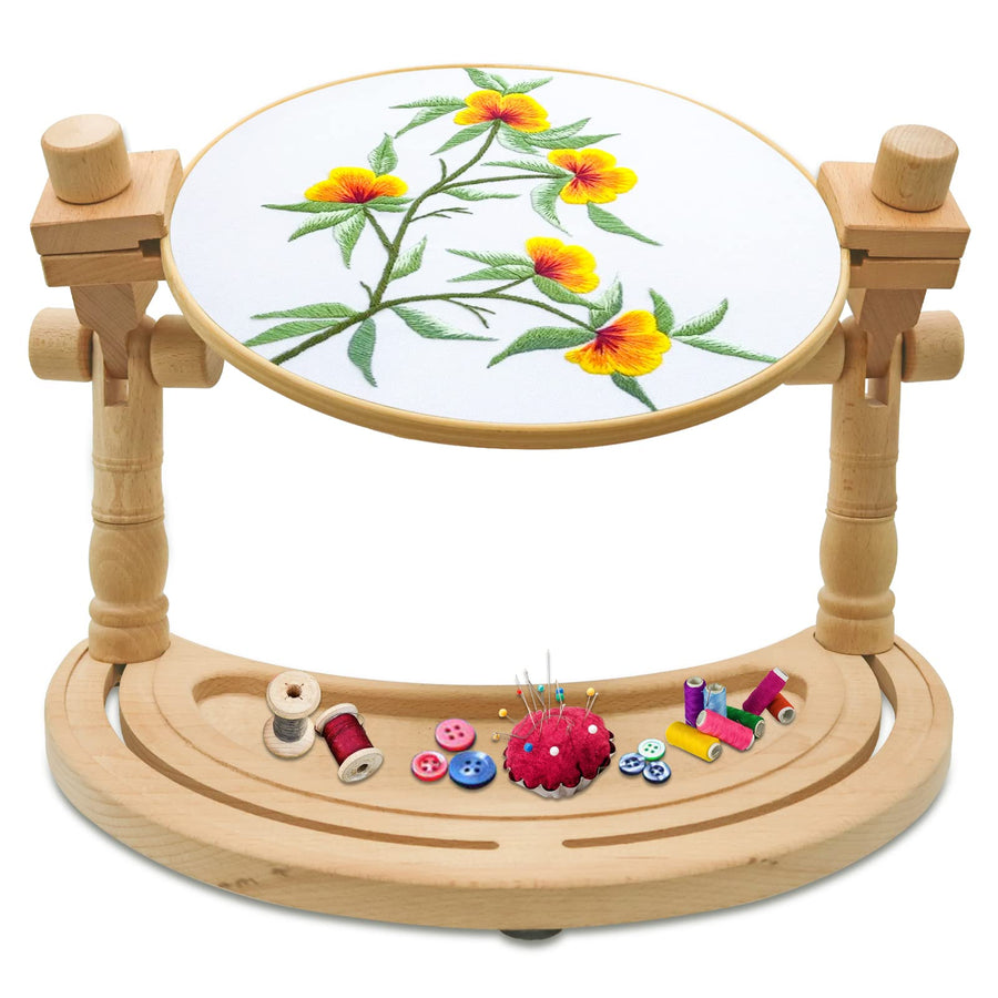 Adjustable Embroidery Stand - Rotated Hands-Free Cross Stitch Hoop Holder, Wood Embroidery Frame Lap Stand for Needlepoint Sewing Craft