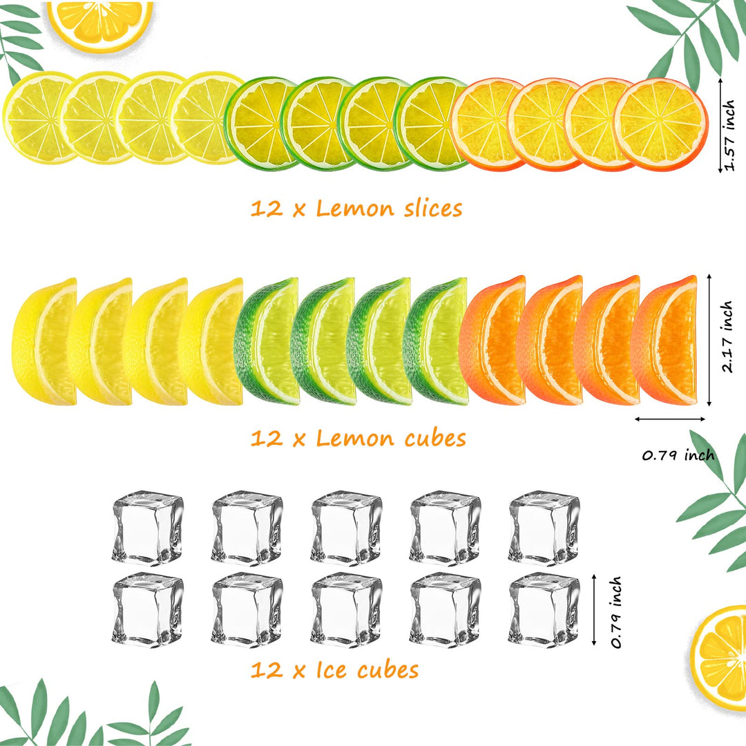 24 Pcs Fake Lemons Slices Blocks and 12 Pcs Acrylic Ice Cube Set Decorative Artificial Fake Ice Cubes Reusable Fake Lemon and Lime Slices Faux Ice Cubes and Lemon Slices for Home Kitchen Office Table