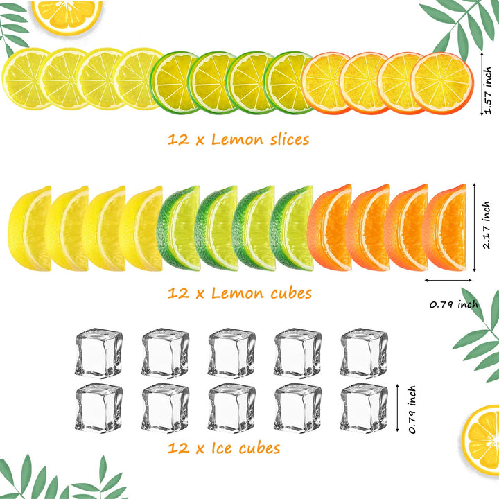 24 Pcs Fake Lemons Slices Blocks and 12 Pcs Acrylic Ice Cube Set Decorative Artificial Fake Ice Cubes Reusable Fake Lemon and Lime Slices Faux Ice Cubes and Lemon Slices for Home Kitchen Office Table