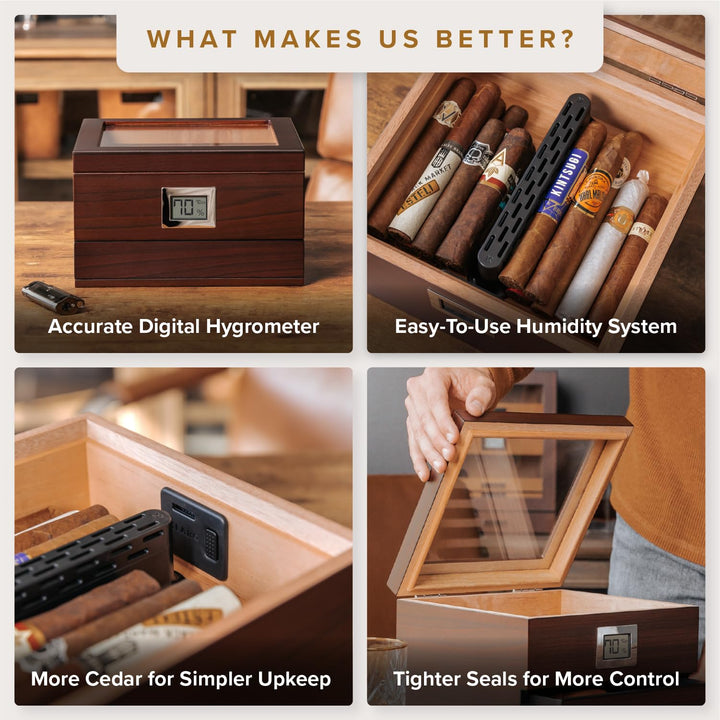 Glass Top Humidor with Thick Cedar, Easy humidification System, Accurate Digital Hygrometer - Renzo, Brown