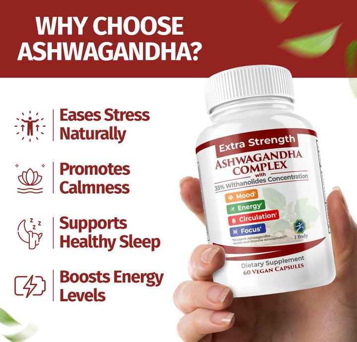 Ashwagandha Complex with Shoden® – Clinically Supported Stress Relief, Sleep, and Energy Support – Vegan, Non-GMO Supplements – 60 Capsules