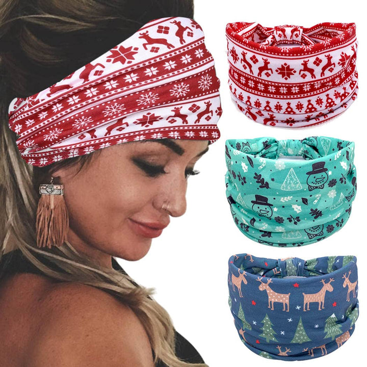 Christmas Headbands Stretch Knotted Headbands 3Pcs Head Bandana Non Slip Elastic Snowman Head Bands Workout Yoga Sweatband Hair Accessories for Women and Girls (A)