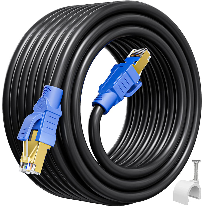 Cat 8 Ethernet Cable 50ft, Indoor&amp;Outdoor, Heavy Duty high Speed 26AWG Internet Network Cable, 40Gbps 2000Mhz RJ45 Shielded LAN Cable, Weatherproof Pure Copper LAN Cable for Modem Gaming, 15 Clips