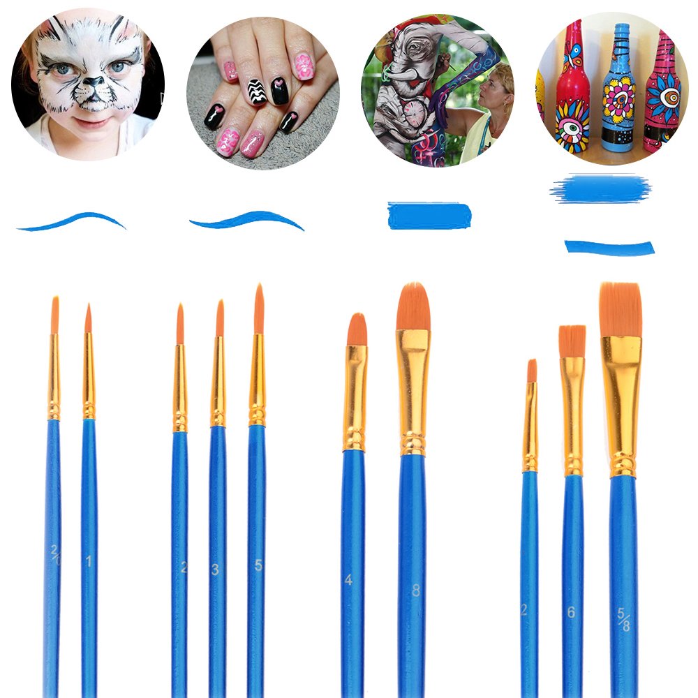 Paint Brushes Set, 5 Packs/ 50 Pcs Round Pointed Tip Paintbrushes with 12 Pcs Paint Pallets for Acrylic Oil Watercolor, Face Nail Art, Miniature Detailing and Rock Painting, Blue