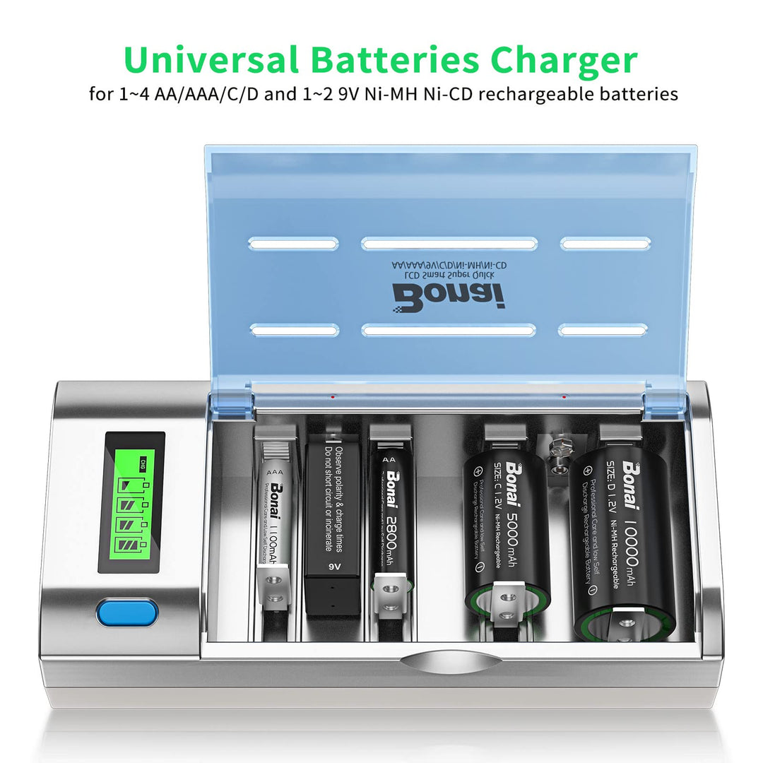 LCD Battery Charger for C D AA AAA 9V NiMH NiCD Rechargeable Batteries with Discharge Function and AC Plug Fast Charging