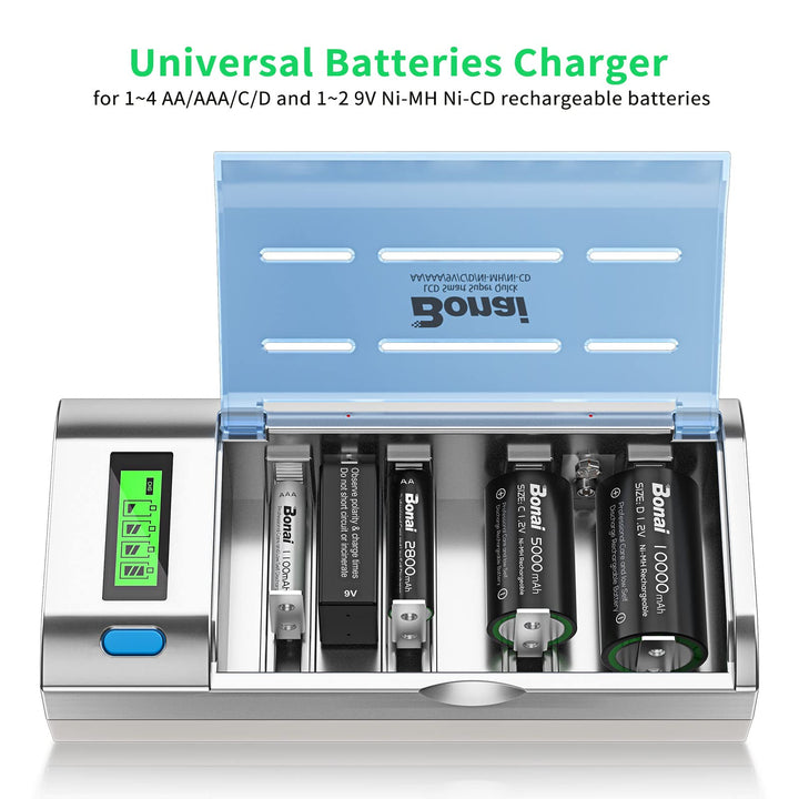 LCD Battery Charger for C D AA AAA 9V NiMH NiCD Rechargeable Batteries with Discharge Function and AC Plug Fast Charging