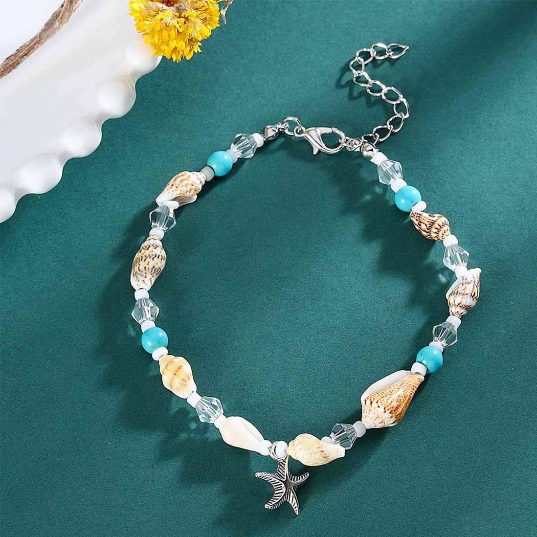 Gemily Boho Starfish Anklet Pendant Silver Conch Shell Turquoise Ankle Bracelets Beaded Foot Chain Beach Crystal Foot Jewelry for Women and Girls