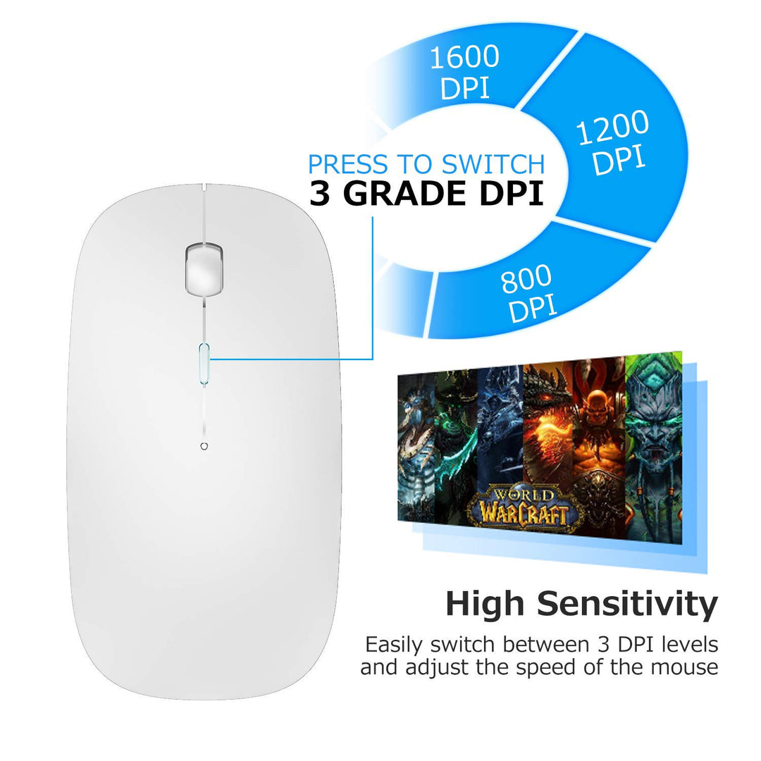 2.4GHz Wireless Bluetooth Mouse,Dual Mode Slim Rechargeable Wireless Mouse Silent USB Mice, 3 Adjustable DPI,Compatible for Laptop Windows MacBook Android MAC PC Computer (White)