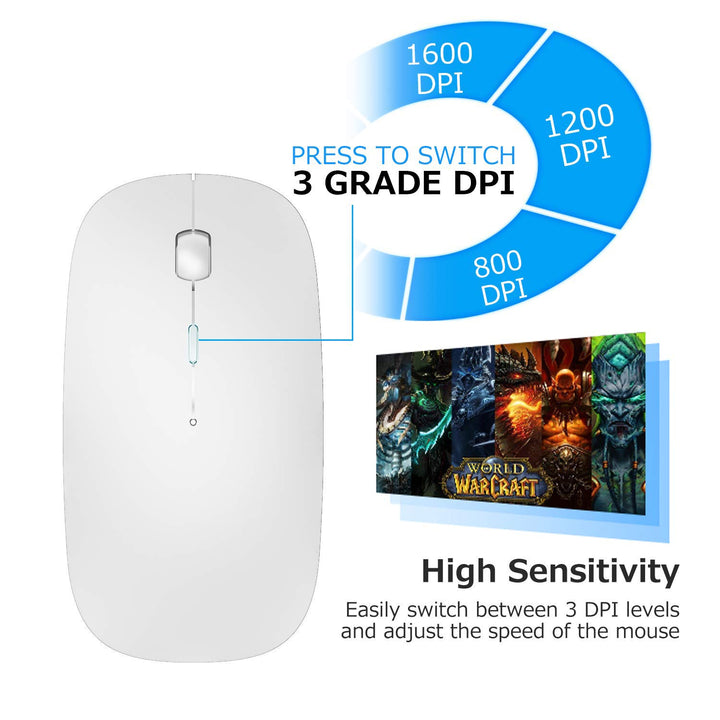 2.4GHz Wireless Bluetooth Mouse,Dual Mode Slim Rechargeable Wireless Mouse Silent USB Mice, 3 Adjustable DPI,Compatible for Laptop Windows MacBook Android MAC PC Computer (White)