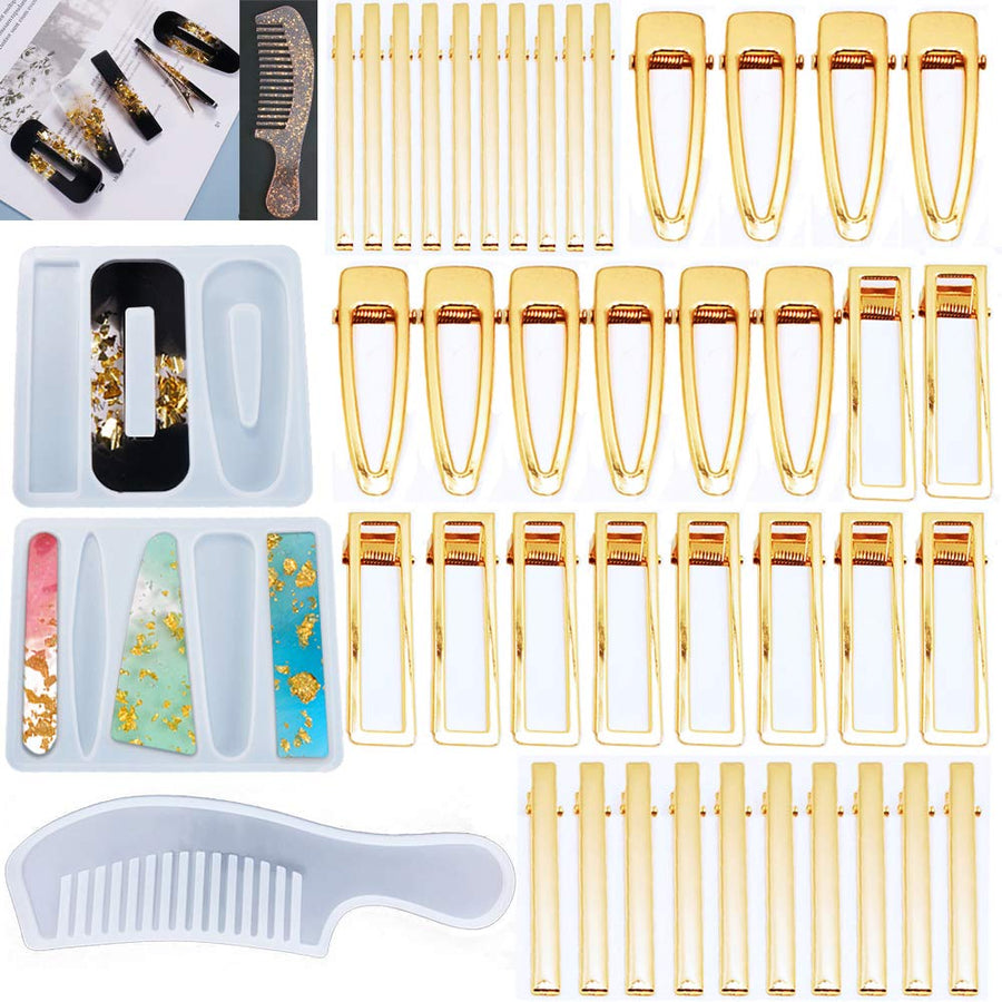 43PCS DIY Resin Craft Kit: Silicone Molds for Hair Accessories & Jewelry Making - 2 Hair Pin Molds, 1 Comb Mold, 40 Gold Barrettes