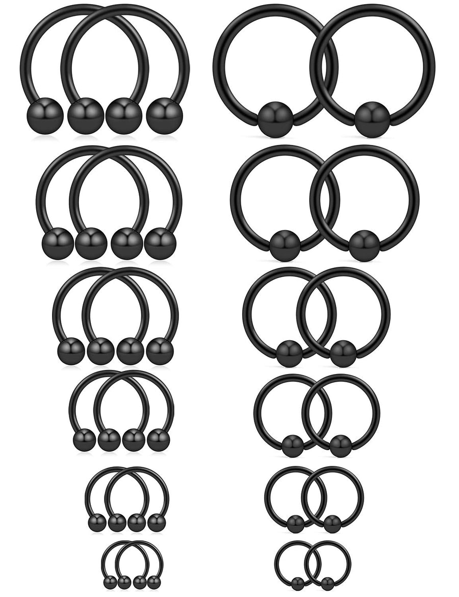 12PRS(24PCS) 16G Surgical Steel Horseshoe & Captive Bead Nose Hoop Septum Earring Eyebrow Tongue Lip Nipple Helix Tragus Piercing Jewelry Rings 6-16mm Black