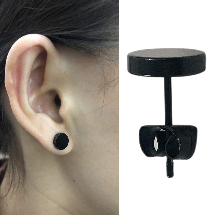 8mm Black Round Stud Earrings Set Stainless Steel Ear Studs for Men Women Tunnel Plug Post Pierced Tunnel, 2pcs/1 Pair