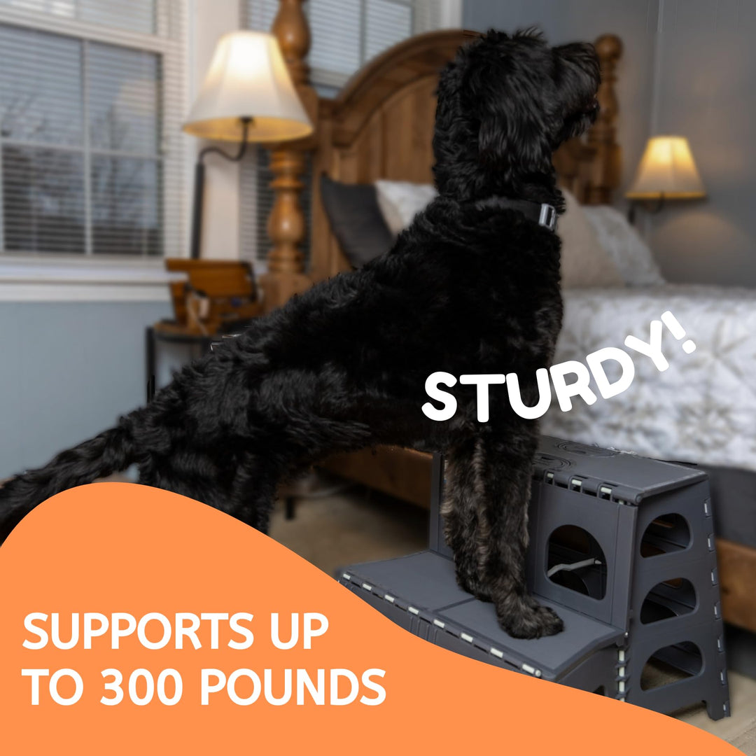 2 Step Folding Dog Stairs &amp; Ramp for Your Pet - Indoor Outdoor Foldable Pet Stairs for High Bed, Car, SUV – Collapsible Step Stool Ladder Supports 300lbs