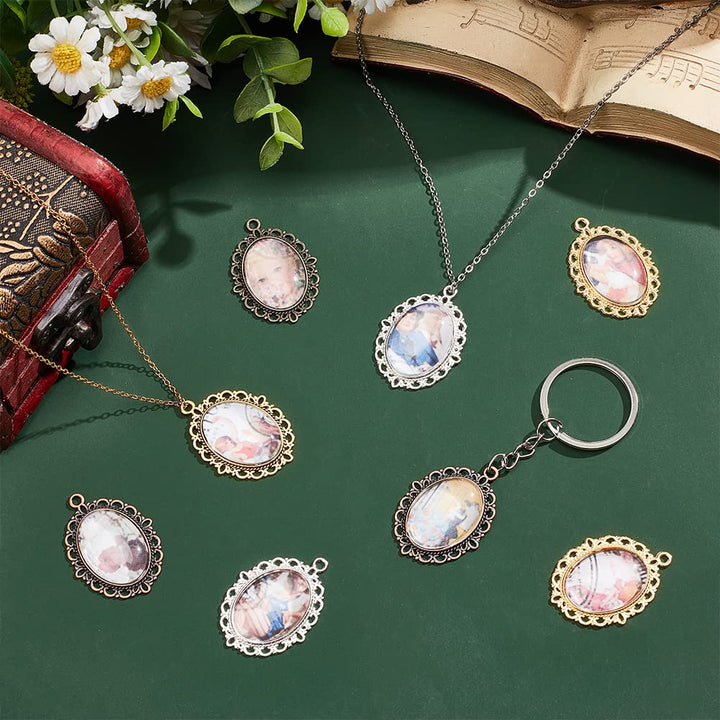 60pcs Pendant Tray Kit, 30pcs 5 Color Oval Pendant Blank Bezel, 30pcs 25 x 18mm Glass Cabochon Dome Tiles Clear Cameo Memorial Photo Pendant for Wedding Bouquet Graduation Photo Charm