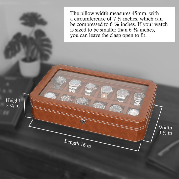 12 Slot Leather Watch Box - Luxury Watch Case Display Organizer, Microsuede Liner, Locking Mens Jewelry Watches Holder, Men&#39;s Storage Boxes Holder Large Glass Top (Tan/Brown)