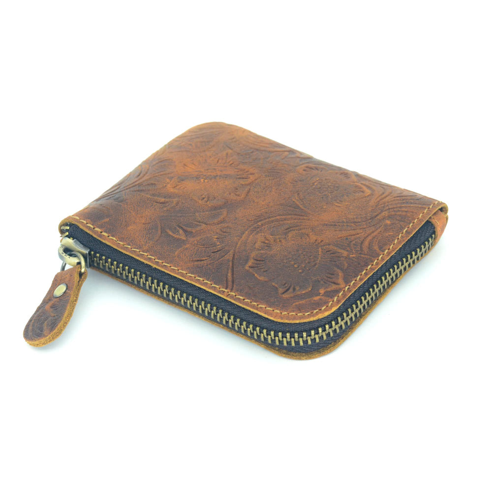 Genuine Leather Zipper Coin Purse Wallet With Key Car Smart Holder, Change Purse, Coin Pouch Holder For Men (Flower brown)