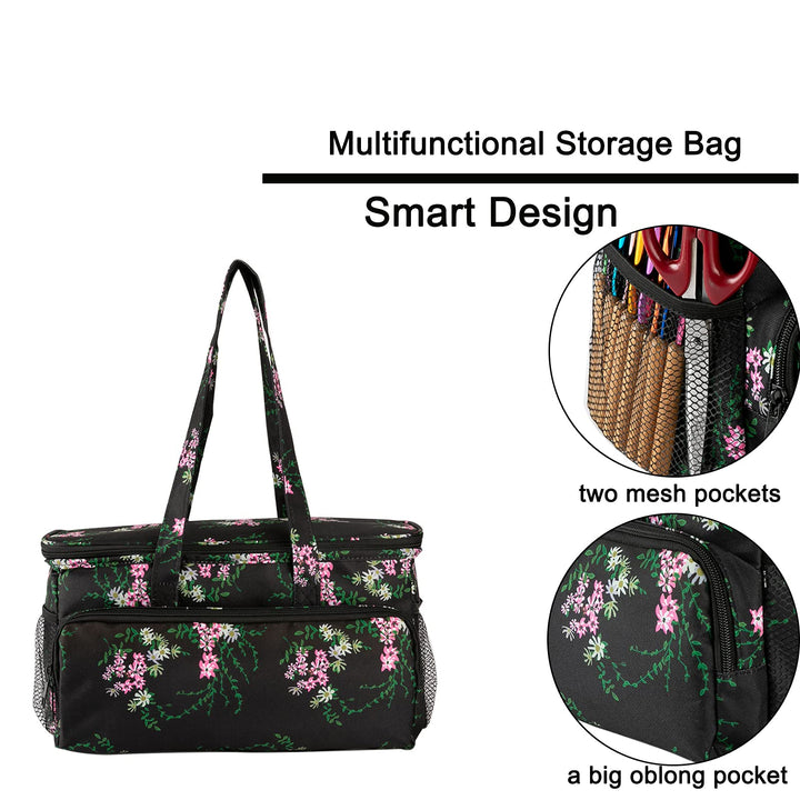 Yarn Storage Organizer Tote Bag Knitting Project Bag Yarn Holder Traveling Crochet Handbag Floral for Bulk Yarns,Crochet Hooks,Knitting Needle,Crochet Acessories (Black Handbag)