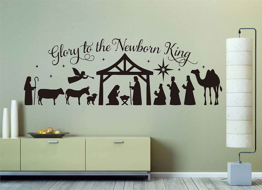 Merry Christmas Wall Stickers Glory to The Newborn King Nativity Scene DIY Christmas Holiday Decoration LL2421 (Black)