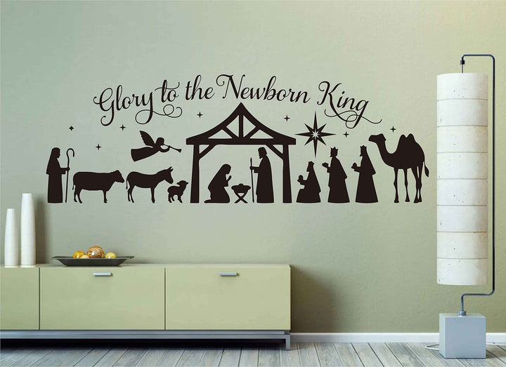 Merry Christmas Wall Stickers Glory to The Newborn King Nativity Scene DIY Christmas Holiday Decoration LL2421 (Black)