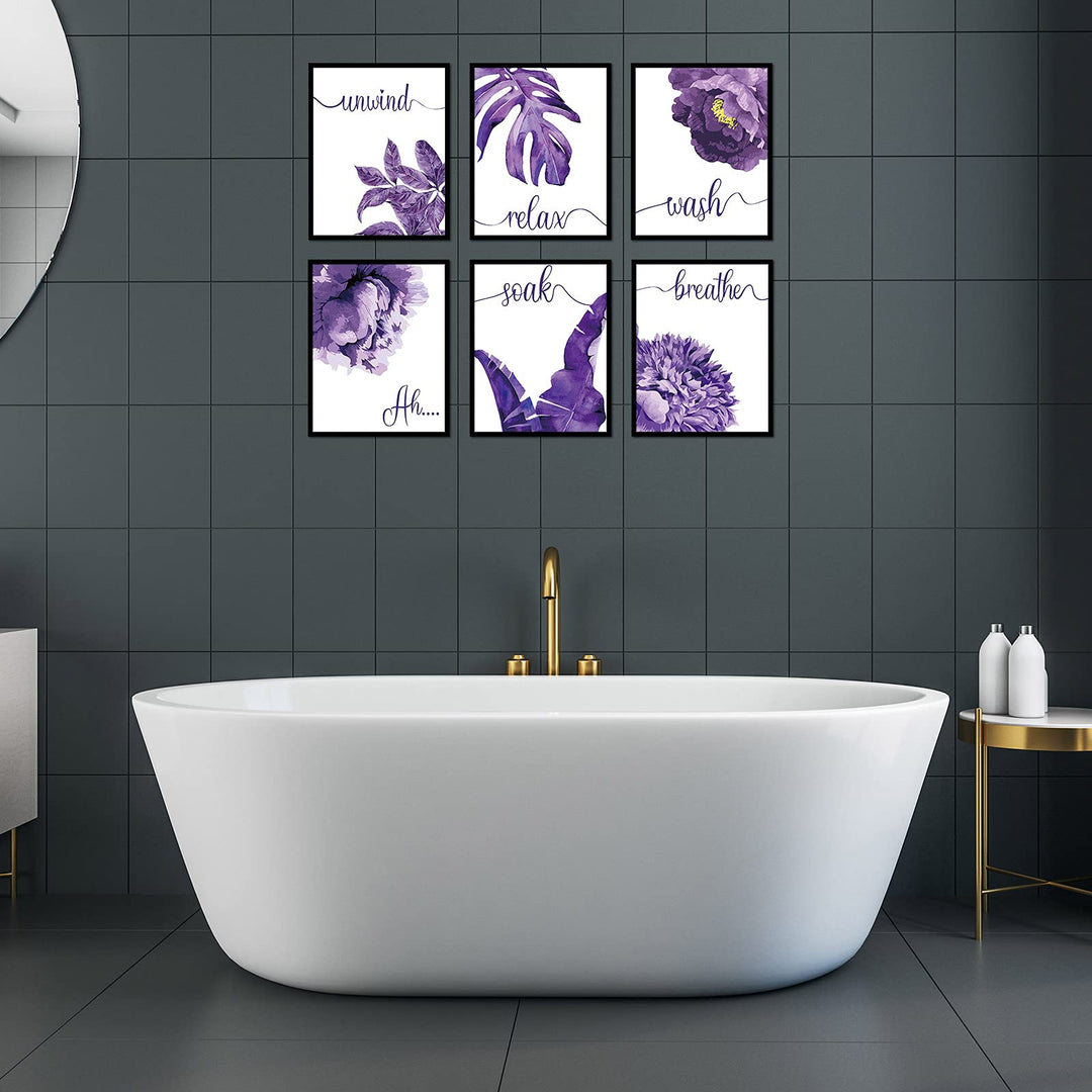 6 Pieces Purple Wall Art Decor Relax Soak Wash Breathe Unwind Bathroom Decor Unframed Flower Poster Prints Photos Farmhouse Wall Painting for Home Bathroom Washroom,8 x 10 Inch