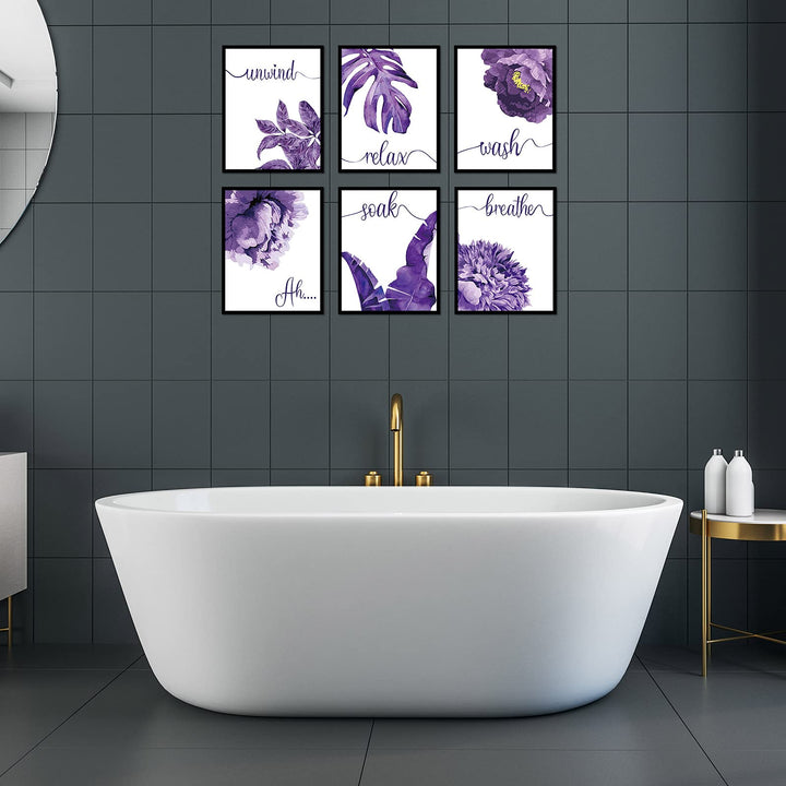 6 Pieces Purple Wall Art Decor Relax Soak Wash Breathe Unwind Bathroom Decor Unframed Flower Poster Prints Photos Farmhouse Wall Painting for Home Bathroom Washroom,8 x 10 Inch