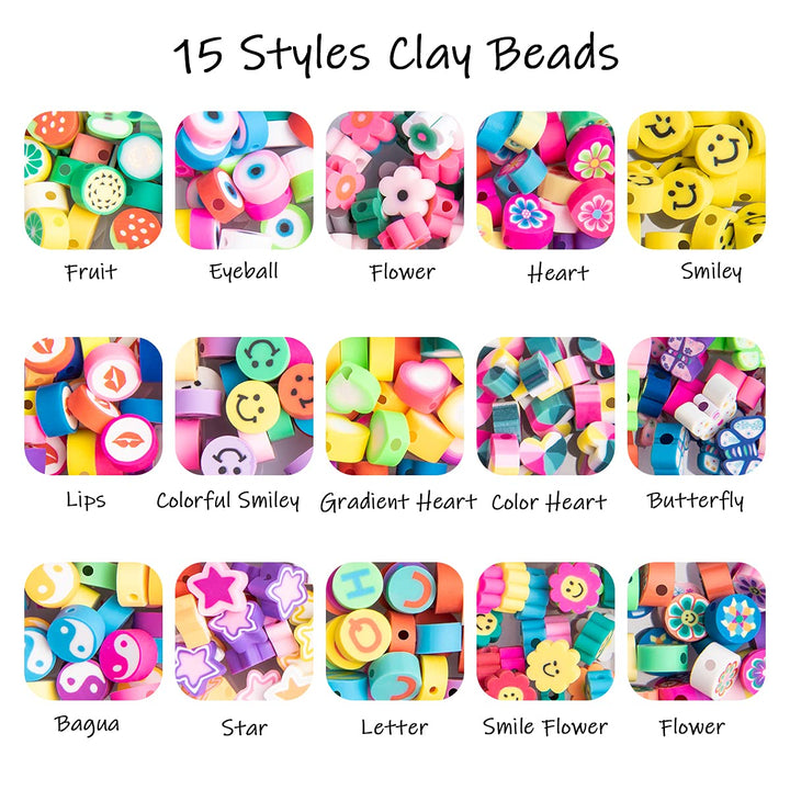 Smiley Face Beads - 300pcs DIY Polymer Clay Preppy Beads Mix Flower Heart Beads with String, Fruit Beads, Star Beads - Cute Clay Beads for Jewelry Making - Fun Beads Clay Charms for Bracelets