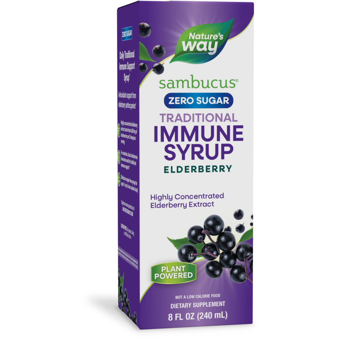 Nature’s Way Sambucus Zero Sugar Traditional Immune Syrup, Highly Concentrated Black Elderberry Extract, Traditional Immune Support*, Sugar-Free, Berry Flavored, 8 Fl Oz (Packaging May Vary)