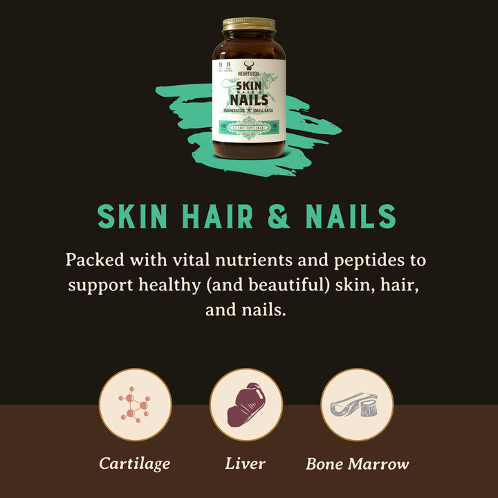HEART &amp; SOIL – 3000mg Skin, Hair and Nails Support Supplement with Grass Fed Beef Liver, Bone Marrow, Cartilage, Biotin, Collagen, Vitamins A, Riboflavin, Elastin – 180 Capsules