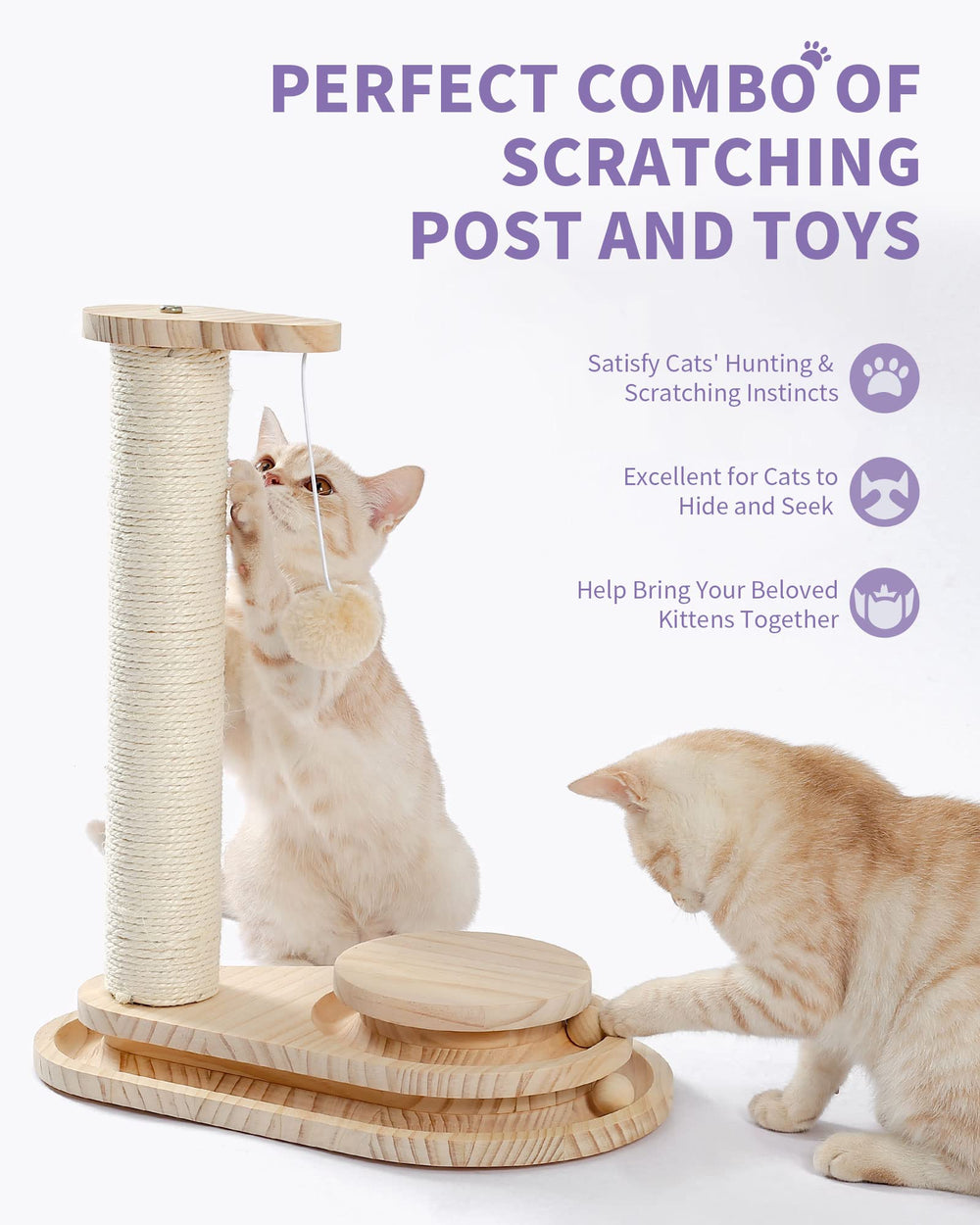 Made4Pets Cat Scratching Post Cat Scratcher Kitten Toys for Indoor Cats Wooden Ball Track Two-Layer Modern Sisal 17.7 Tall Scratch Post Interactive Toy with Dangling Ball