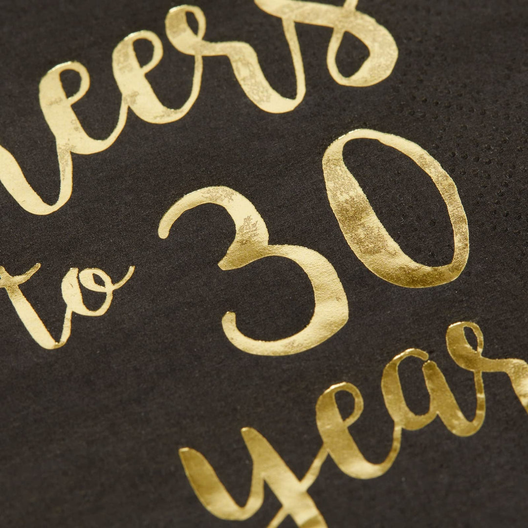 50-Pack Cocktail Napkins - Disposable Paper Party Napkins with Cheers to 30 Years! Printed in Gold Foil, Perfect for Birthday and Anniversary Celebrations, 5 x 5 inches Folded, Black