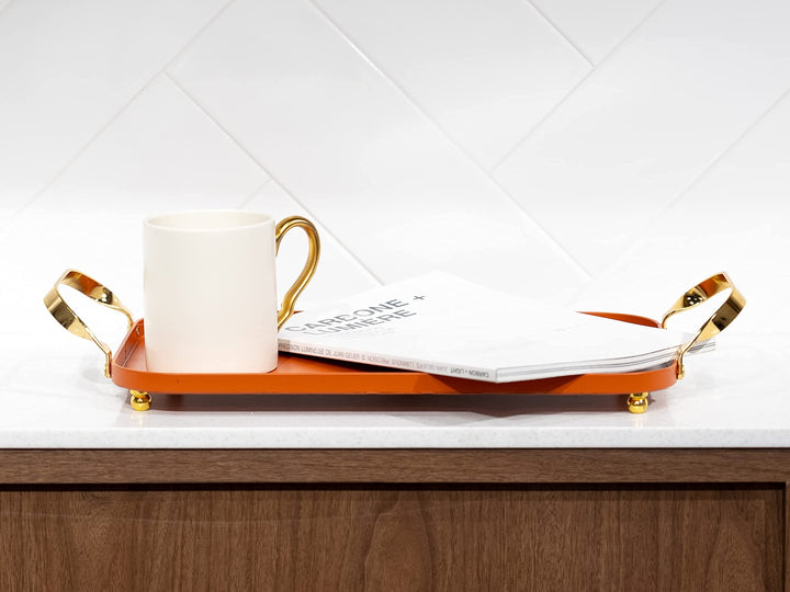 Decorative Serving Tray - Metal Serving Tray with Handles, Decorative Trays for Coffee Table, Home Decor, Vanity, Jewerly, Perfume and Make up - Bar Liquor Display with Gold Accents-Orange