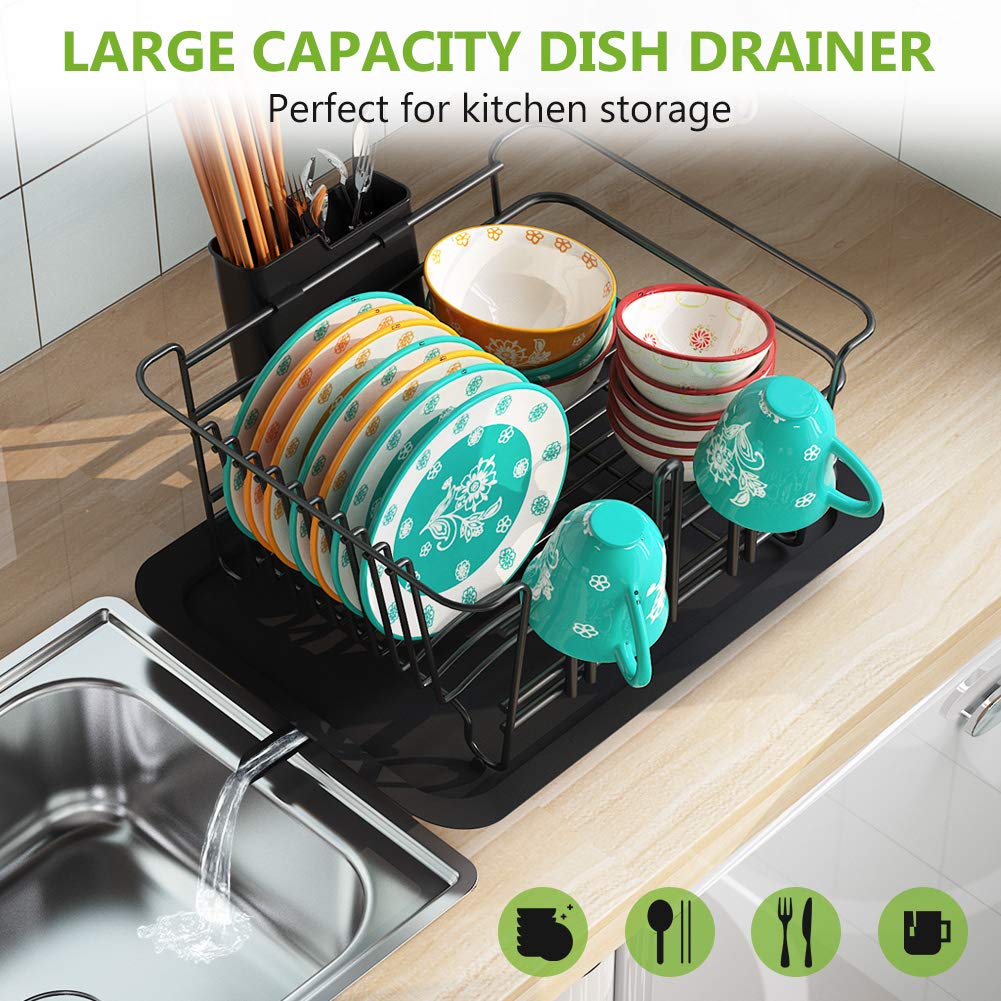 Dish Drying Rack, Dish Drainer for Kitchen Rustproof Dish Rack and Drainboard Set with Removable Utensil Holder and Adjustable Swivel Spout, Countertop or in Sink Dry Rack (Black)