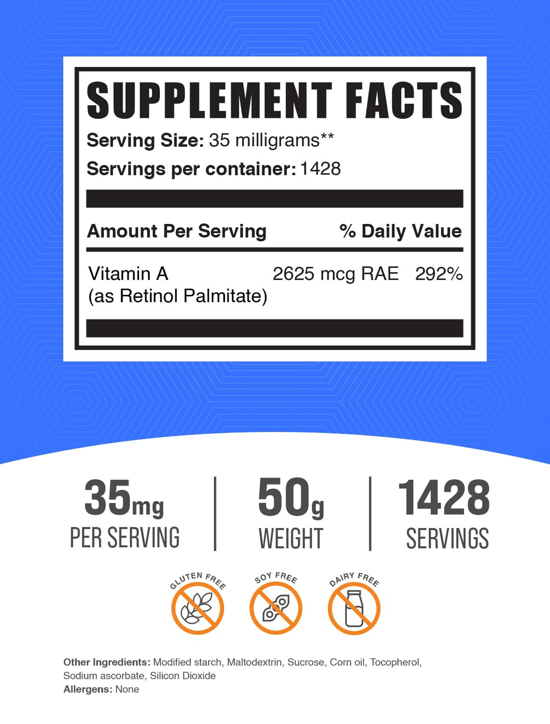 .com Vitamin A Palmitate Powder - as Retinol Palmitate, Vitamin A Supplement for Immune &amp; Eye Support - Gluten Free, 35mg per Serving, 50g (1.8 oz) (Pack of 1)
