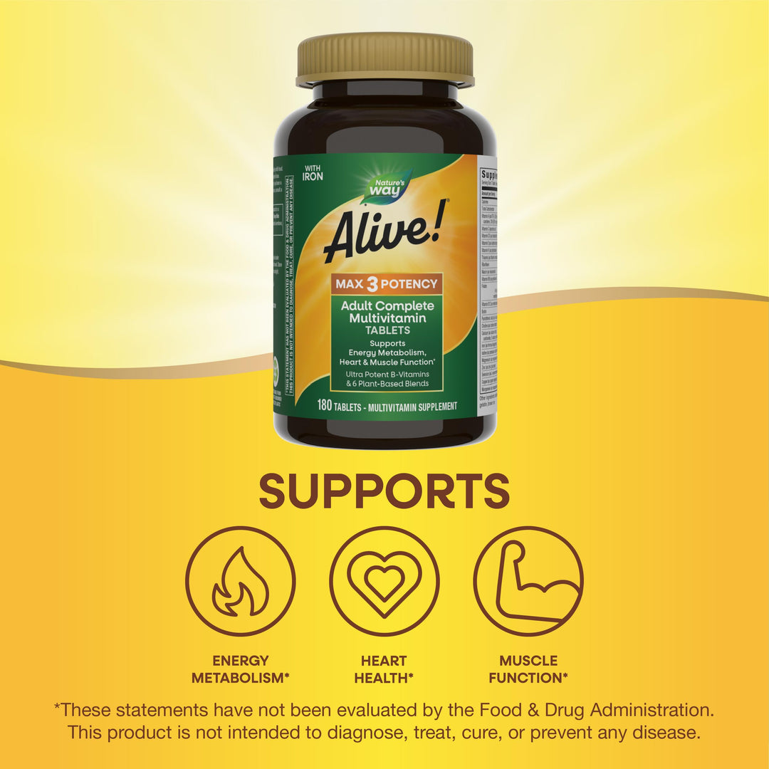 Nature&#39;s Way Alive! Max3 Potency Adult Complete Multivitamin, Ultra Potency B-vitamins to Support Energy Metabolism*, with Methylated B12 and Folate, 180 Tablets (Packaging May Vary)