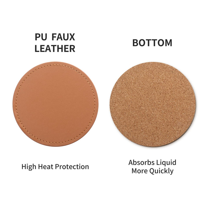 Drink Coasters with Metal Holder Stand Set of 6, PU Leather Absorbent Coasters with Cork Base Table Coaster Set Decorative Coffee Cup Coasters Housewarming Gift for Home Decor