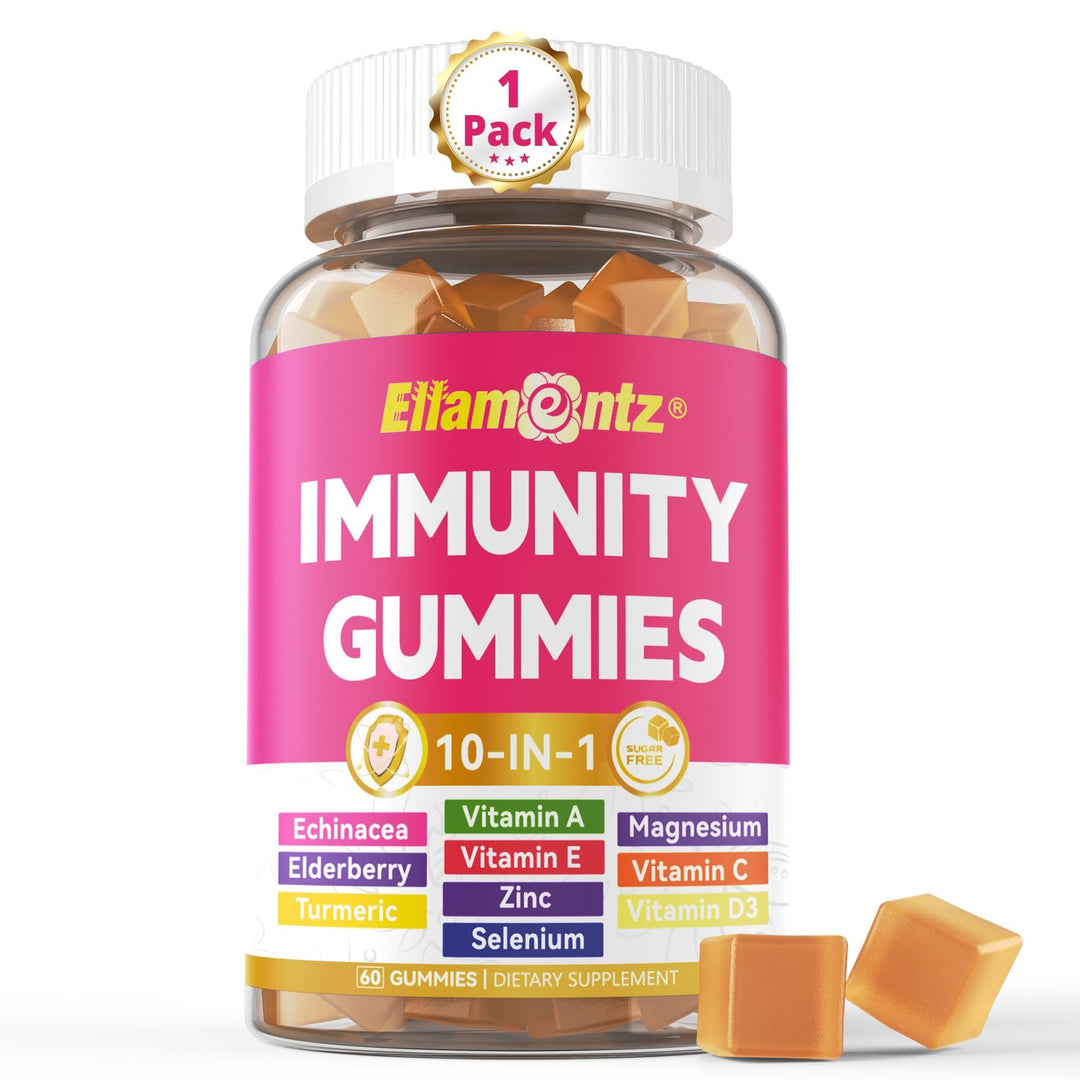 10-In-1 Immune Gummies with Multivitamins, 100% Daily Zinc, Vitamin C &amp; D3 Immunity Supplement + Echinacea, Sambucus Elderberry, Turmeric, Magnesium - Immune Support, Overall Health, Sugar Free, 60Cts