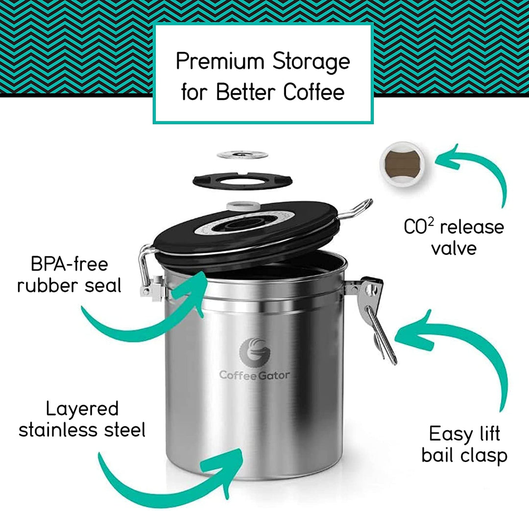 Stainless Steel Coffee Grounds and Beans Container Canister with Date-Tracker, CO2-Release Valve and Measuring Scoop - Large, 22oz, Gray
