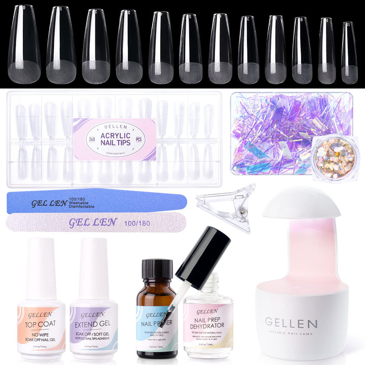 Gellen Nail Tips And Glue Gel Kit, 240Pcs Clear Coffin Fake Nails Gel x Nail Kit, 3 In 1 Nail Glue Gel, U V Nail Lamp, Gel Nail Extension Kit For Valentine’s Nail Art Decorations Manicure Gifts Set
