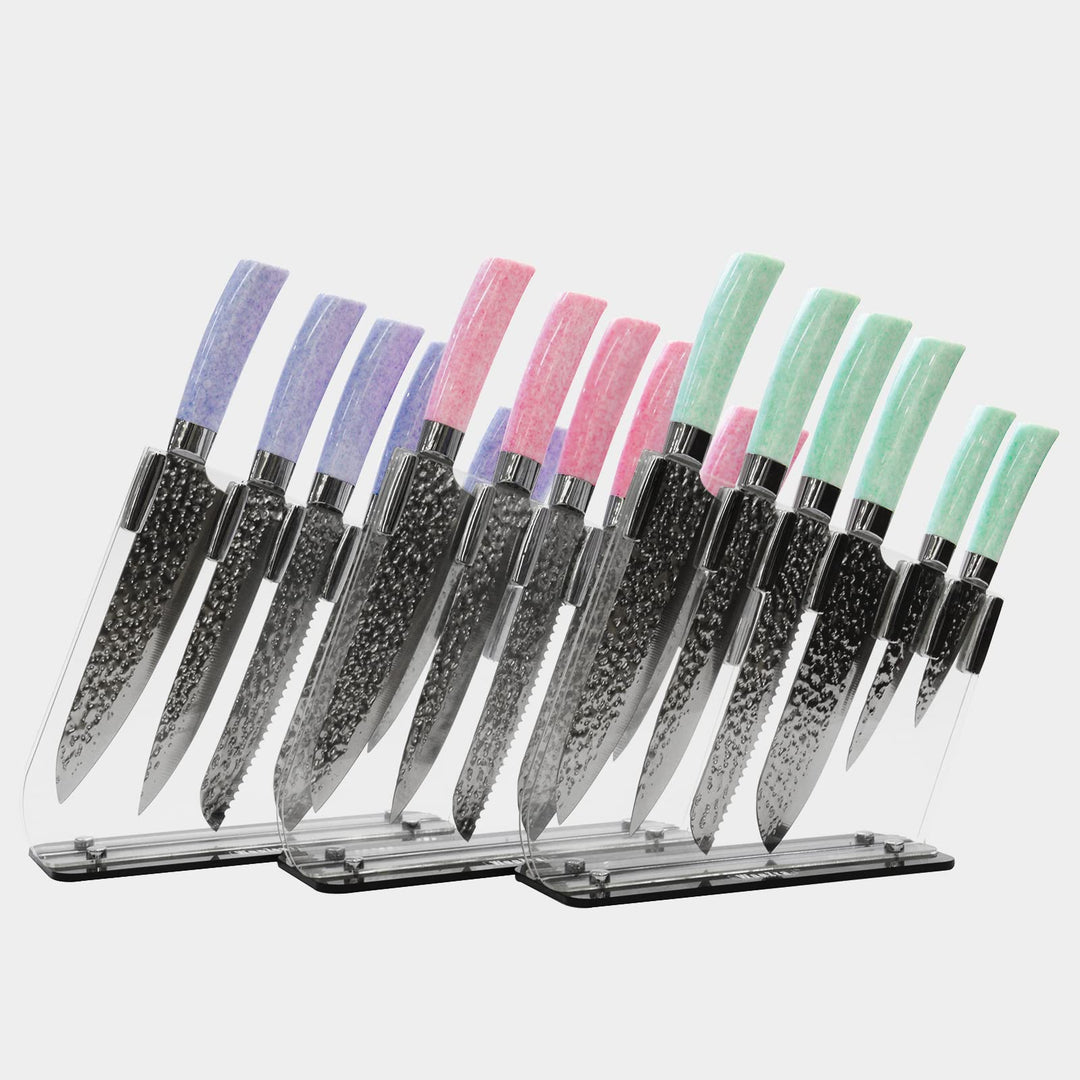 Kitchen Knives Set, High Carbon Stainless Steel Knife Set 7PCS, Super Sharp Cutlery Knife Set with Clear Acrylic Stand, Knife Block Set (Pink)