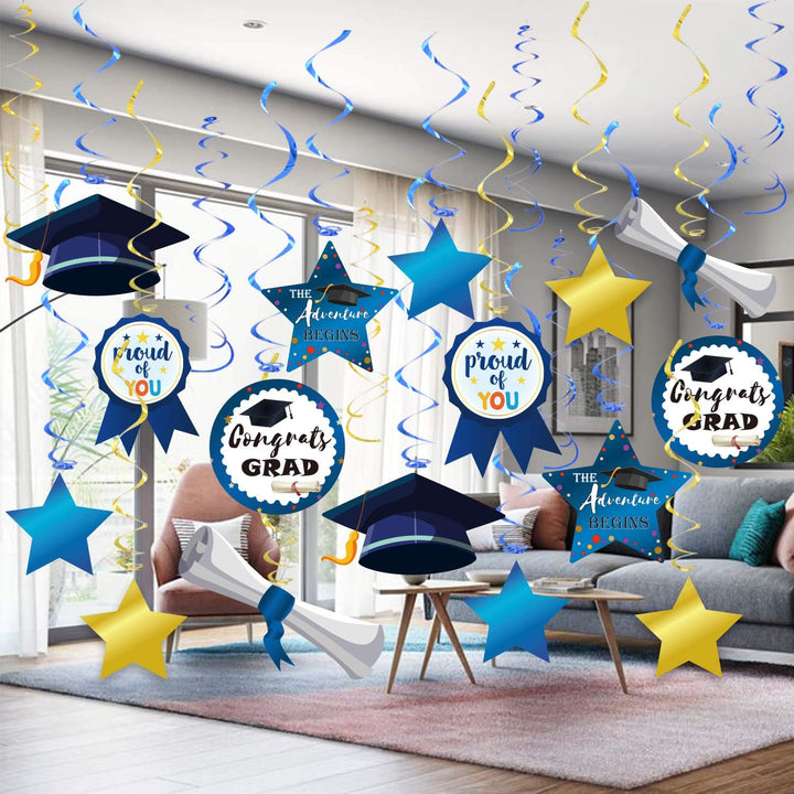 2021 Graduation Hanging Navy Blue and Gold Decorations Foil Swirls Kit,College High School Graduation Decoration Party Supplies,Congrats Grad,Proud of You by Forcemaxe