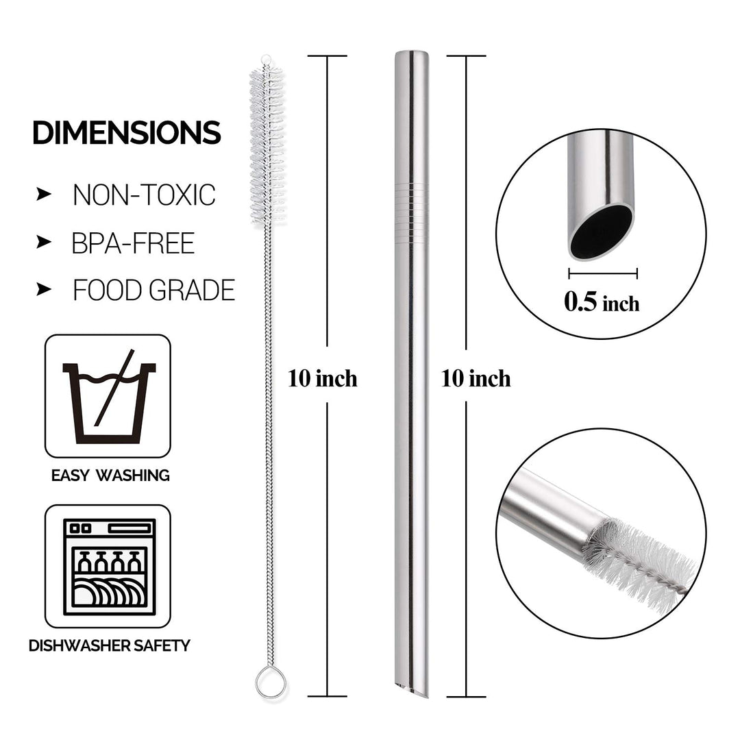 [Angled Tips] 5 Pcs 10 Reusable Bubble Tea Straws & Smoothie Straws, 0.5 Wide Stainless Steel Straws, Metal Straws for Bubble Tea/Tapioca Pearl, Milkshakes, Jumbo Drinks | 2 Cleaning Brushes