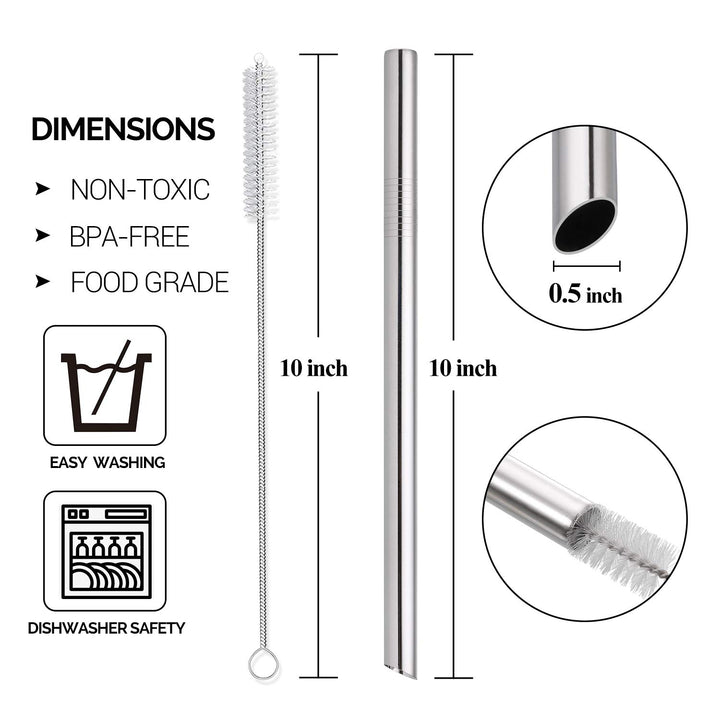 [Angled Tips] 5 Pcs 10 Reusable Bubble Tea Straws & Smoothie Straws, 0.5 Wide Stainless Steel Straws, Metal Straws for Bubble Tea/Tapioca Pearl, Milkshakes, Jumbo Drinks | 2 Cleaning Brushes