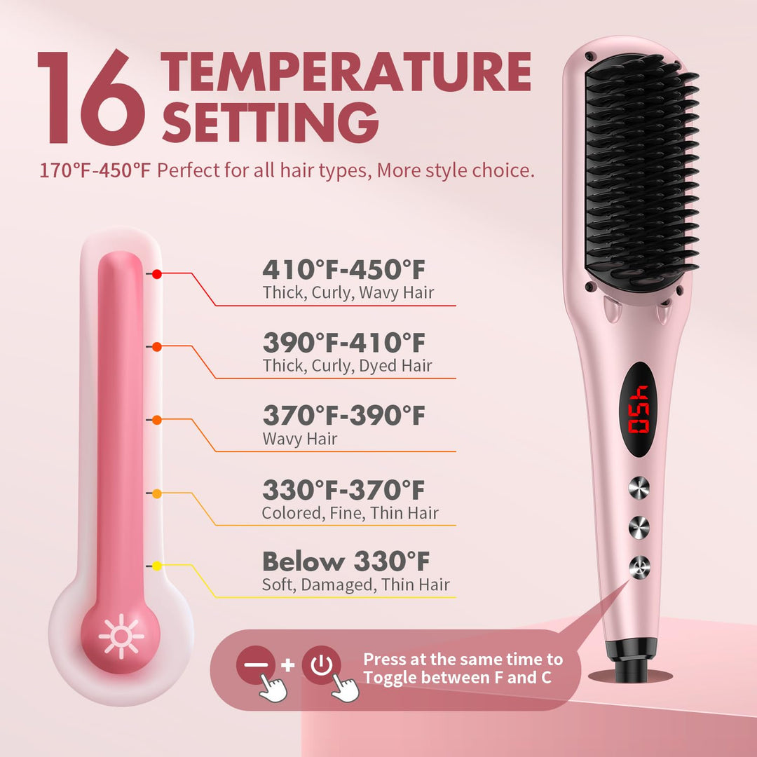 Enhanced Hair Straightener Heat Brush , 2-in-1 Ceramic Ionic Straightening Brush, Hot Comb with Anti-Scald Feature, Auto Temperature Lock &amp; Auto-Off Function (Pink) 4 Piece Set