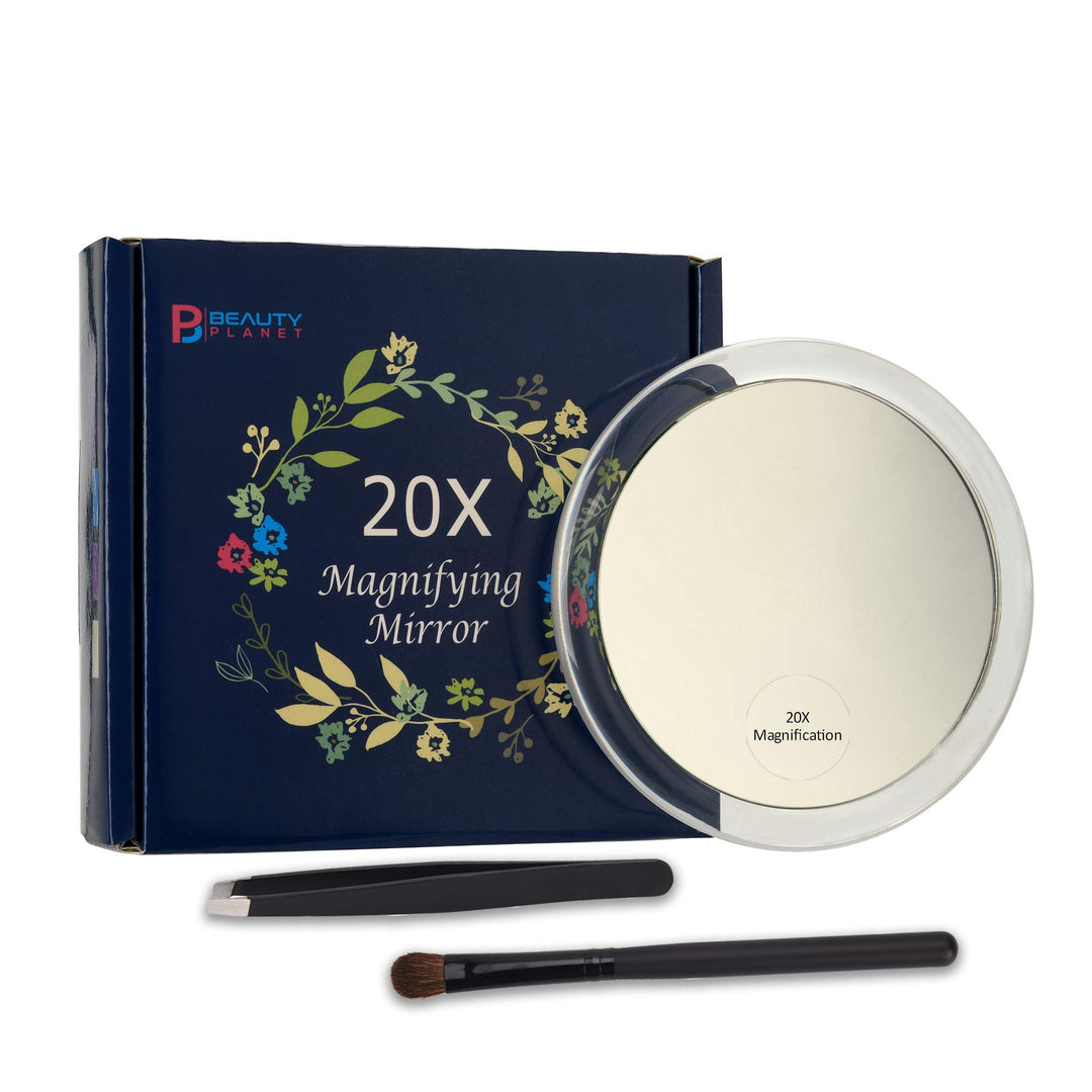 20x Magnifying Mirror with 3 Suction Cups, Use for Makeup Application, Tweezing, and Blackhead/Blemish Removal.Comes with 1PC Storage Bag, 1PC Tweezer, 1PC Reminder Card. 4Inches (Clear)