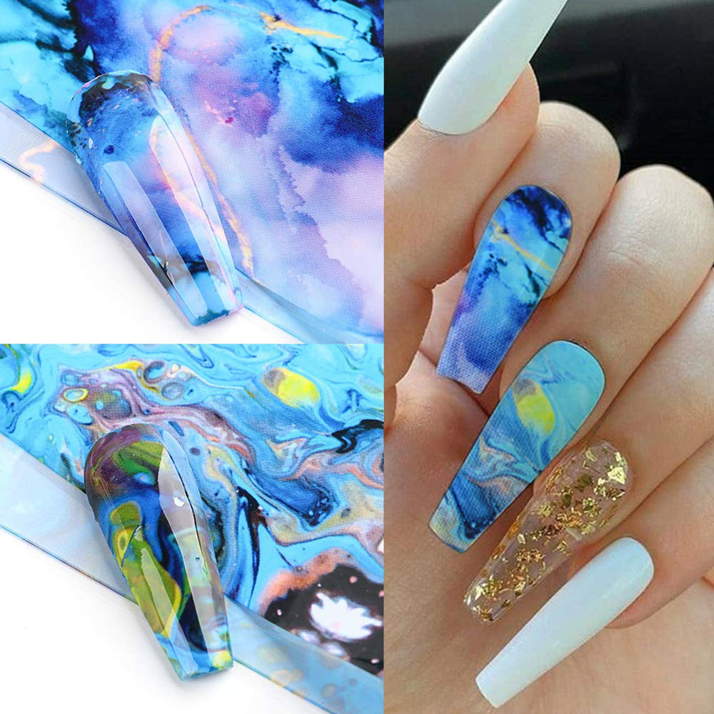 Marble Nail Art Foil Transfer Stickers Decals Nail Art Supplies Nail Art Flow Color Foil Transfers Holographic Starry Sky Marble Colorful Designs for Women Manicure Tips Wraps Nail Decorations 10 PCS