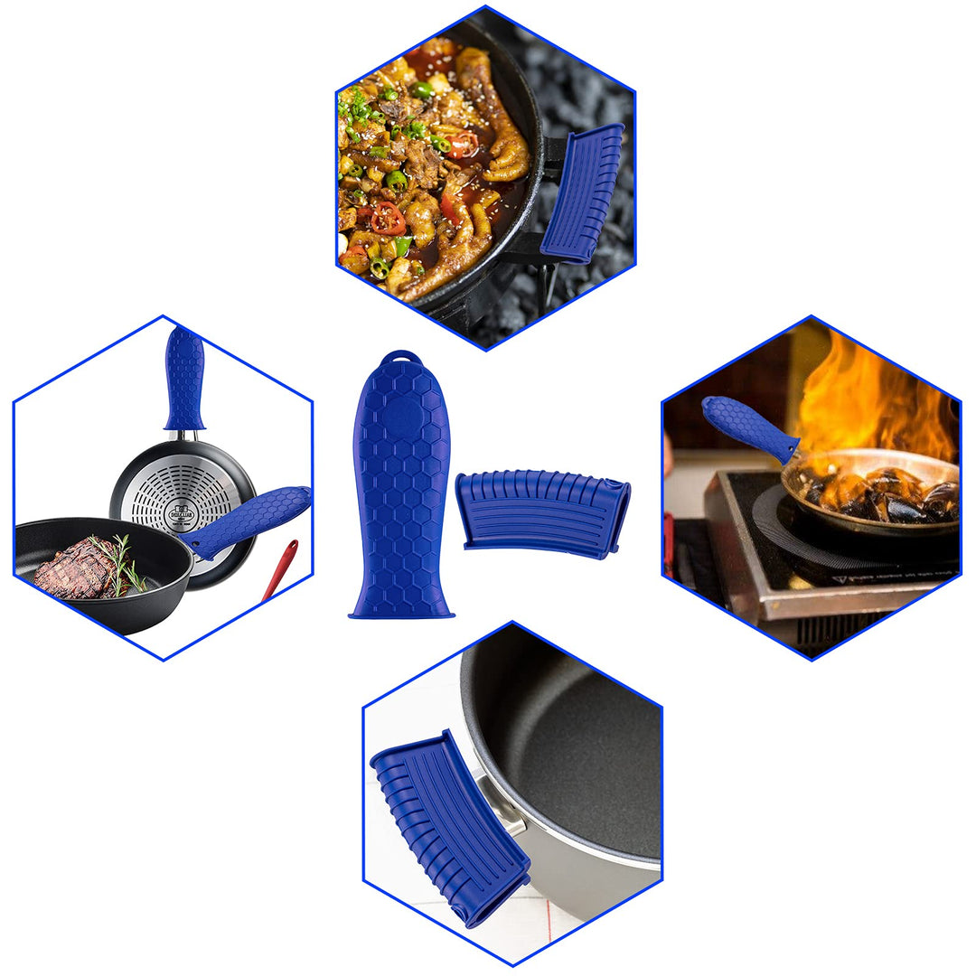 4 Pieces Silicone Hot Handle Holder, Heat Resistant Potholder Cookware Handle Non Slip Rubber Pot Holders Cast Iron Skillets Handles Grip Covers for Cast Iron Skillet (Blue)…