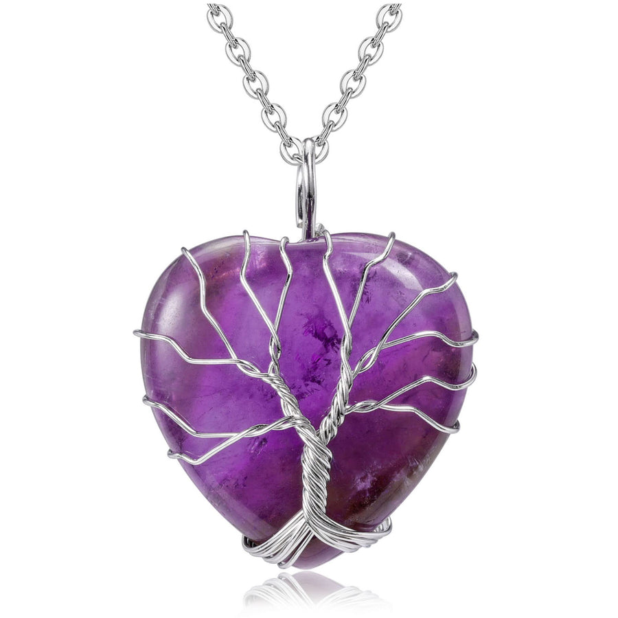 Natural Green Aventurine Healing Crystals Necklace Silver Tree Of Life Wire Wrapped Heart Shape Stone Pendant for Womens Girls Ladies
