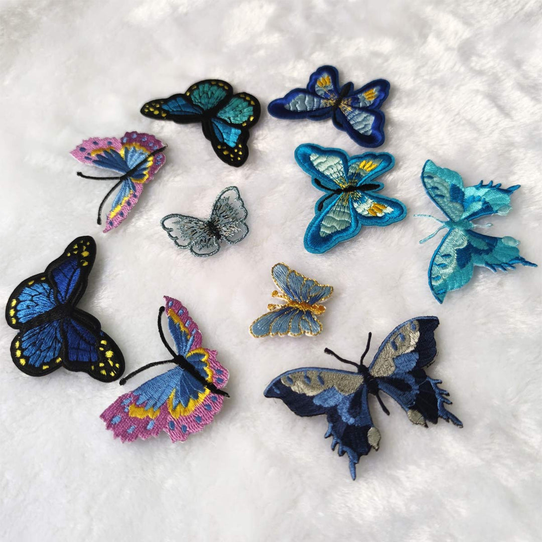 10 Pieces Blue Butterfly Iron on Patches, Embroidery Applique Sew on Repair Patches for DIY Decor, Jeans, Jackets, Bags, Cloth